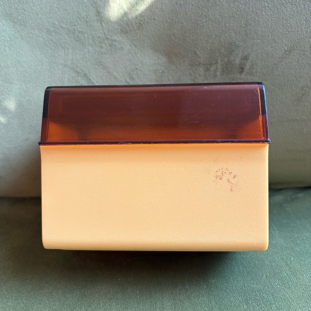 Vintage Rubbermaid Clear Brown & Mustard Plastic Recipe Card Box